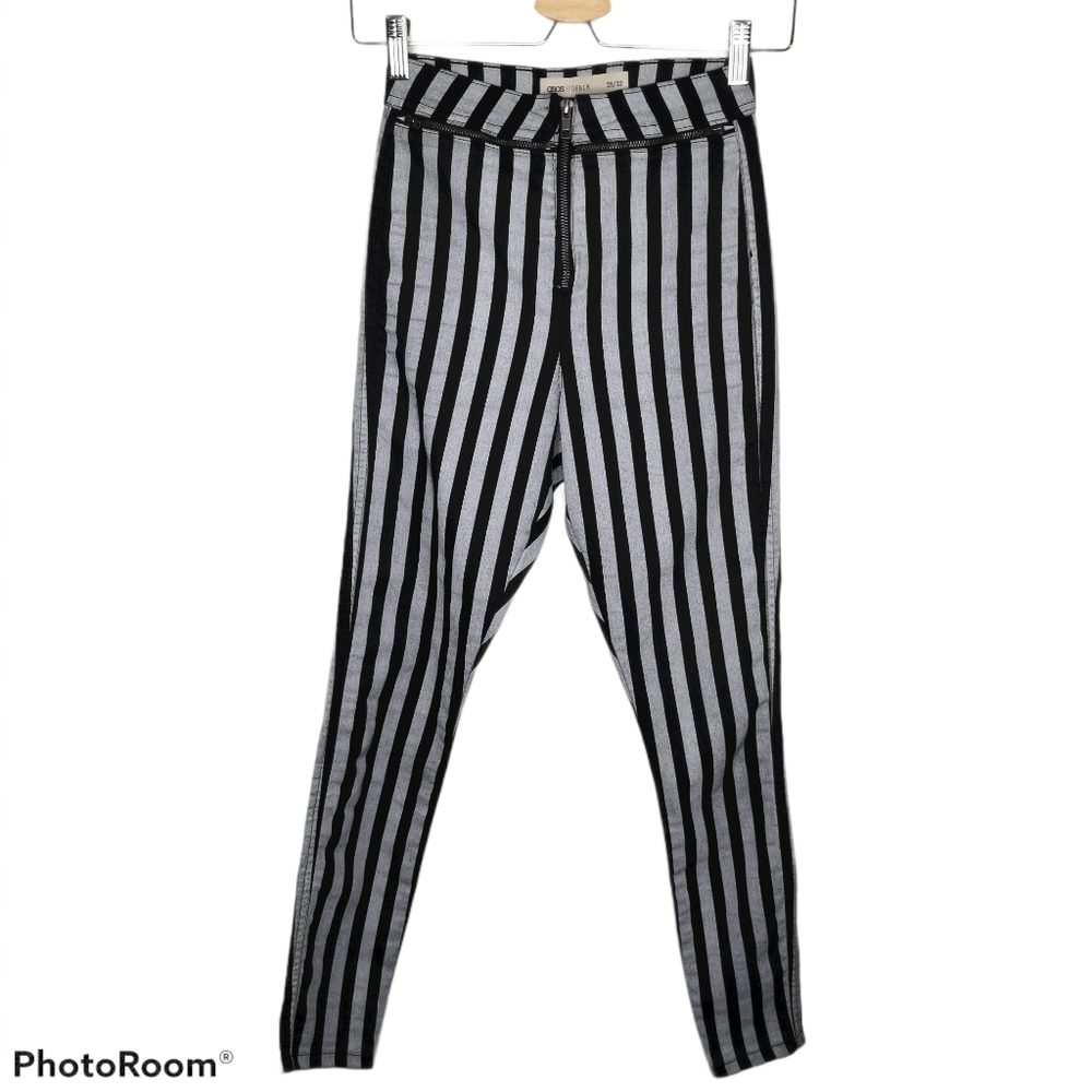 *ASOS Denim Black Gray Stripe Stretch Skinny Jeans Rocker Biker Bikercore Grunge